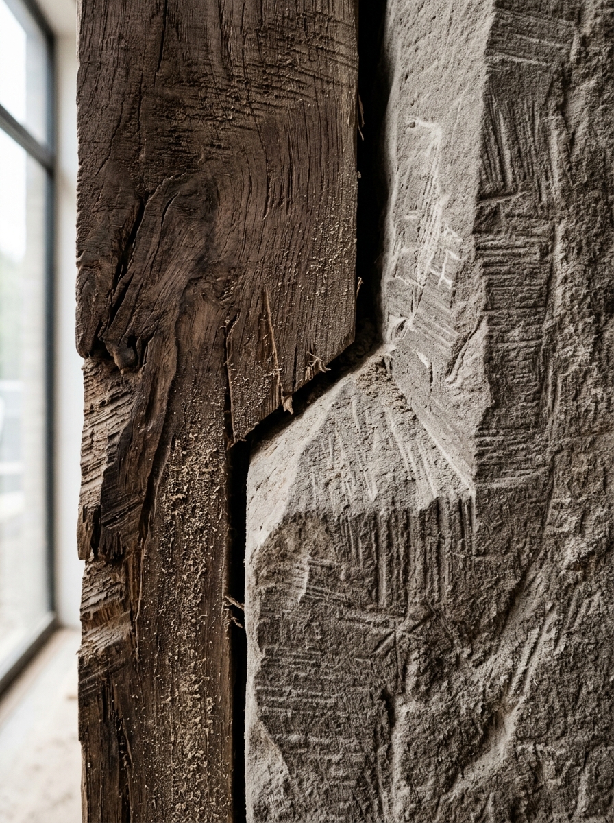 Textural close-up of raw stone and wood mid-work, representative of governance precision and structural integrity